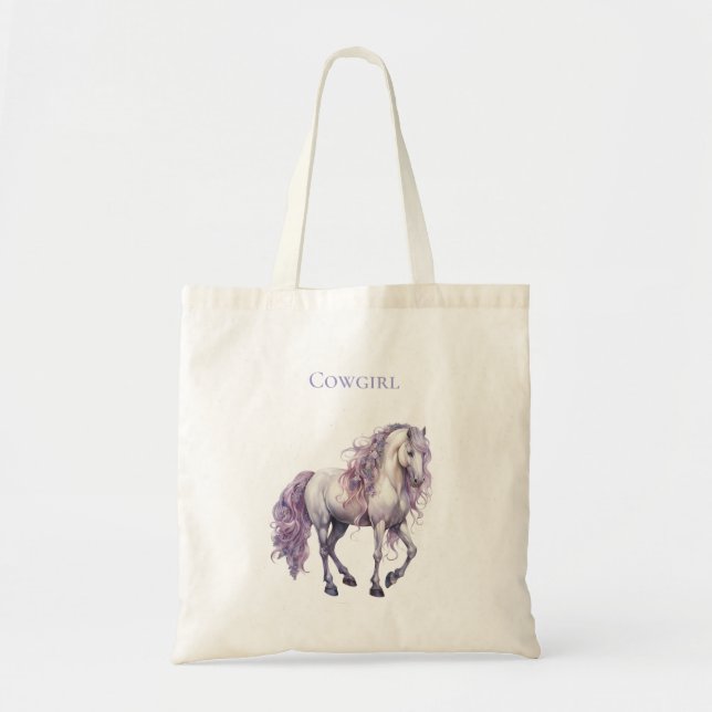 Lavender White Floral Horse Cowgirl Tote Bag (Front)