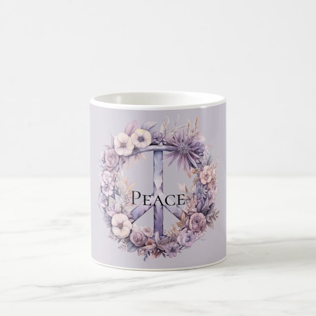Lavender White Floral Peace Sign Coffee Mug (Center)