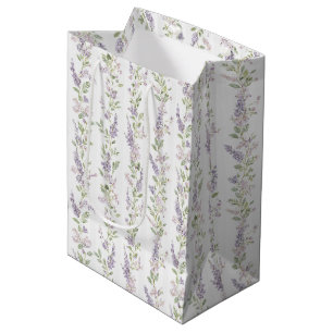 Lavender White Floral Stripes Bridal Shower Medium Gift Bag