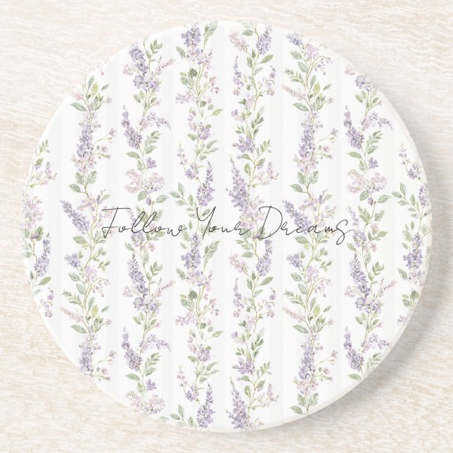 Lavender White Floral Stripes Coaster (Front)