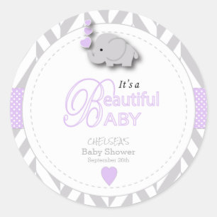 Lavender, White Grey Elephant Baby Shower Classic Round Sticker