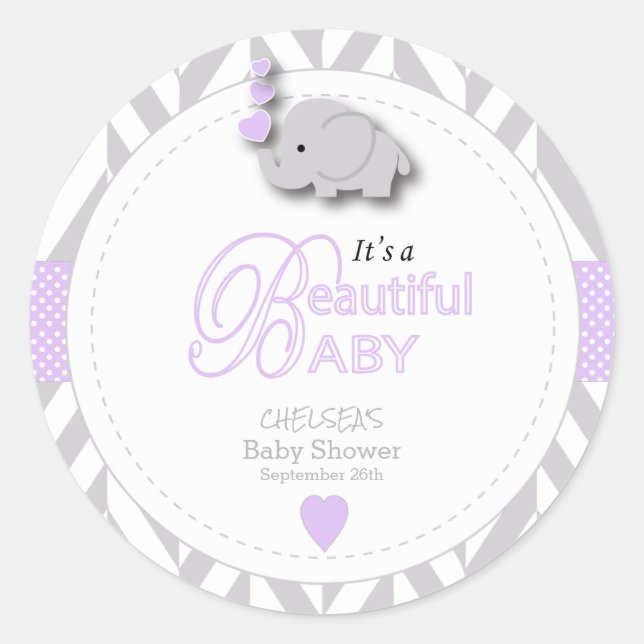 Lavender, White Grey Elephant Baby Shower Classic Round Sticker (Front)
