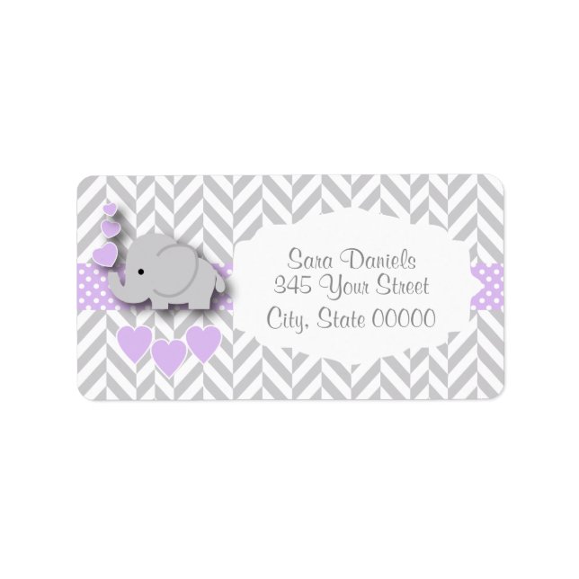 Lavender, White Grey Elephant Baby Shower Label (Front)