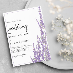 Lavender white handwritten script floral wedding invitation