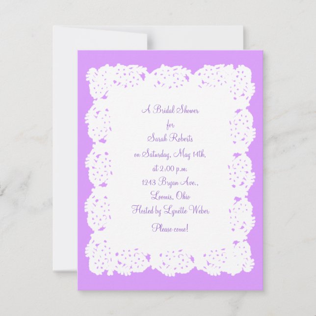 Lavender White Lace Doily Bridal Shower Invitation (Front)