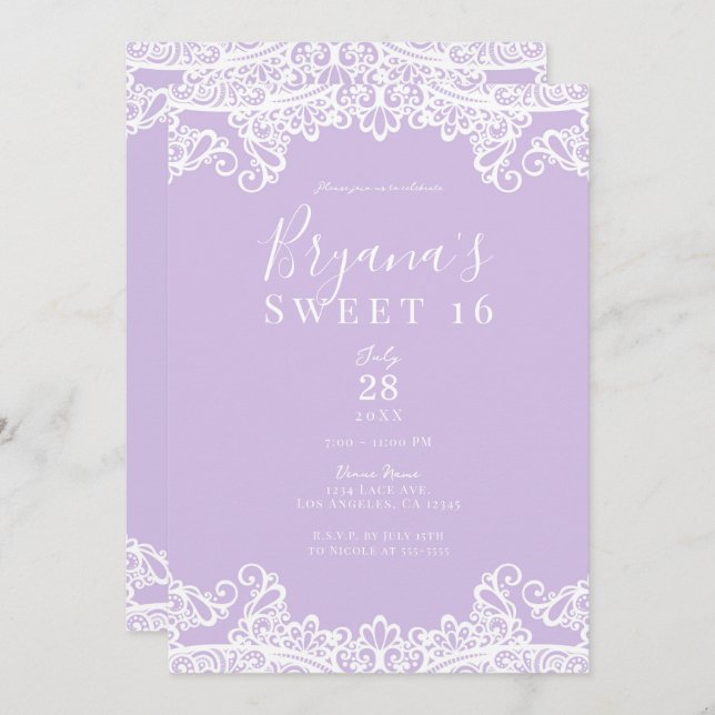 Lavender & White Lace Elegant Sweet 16 Party    Invitation (Front/Back)