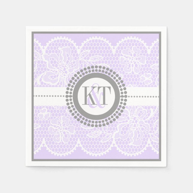 Lavender, white lace pattern wedding napkin (Front)