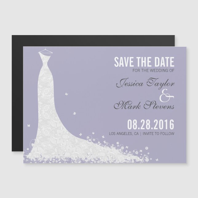 Lavender & White Lace Wedding Dress Save The Date Magnetic Invitation (Front/Back)