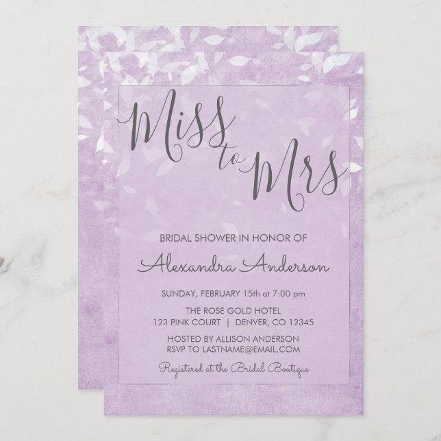 Lavender & White Miss to Mrs Bridal Shower Invitation (Front/Back)