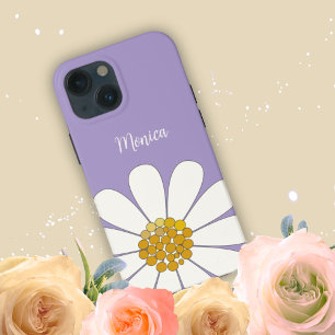 Lavender White Modern Daisy Flower  Custom Name iPhone 13 Mini Case