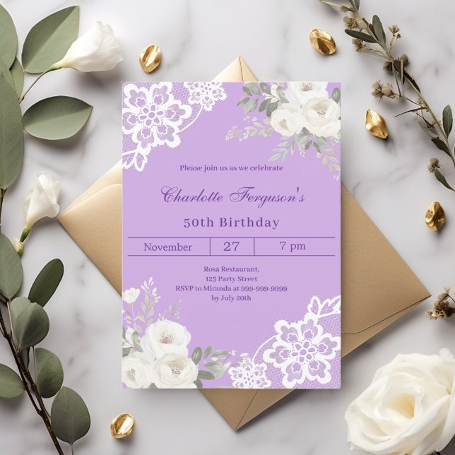 Lavender white roses lace birthday invitation (Creator Uploaded)