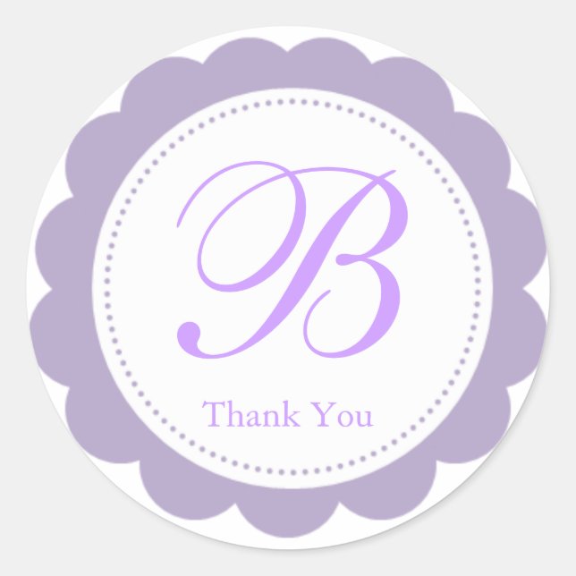 Lavender White Scalloped Circle Monogram Thank You Classic Round Sticker (Front)
