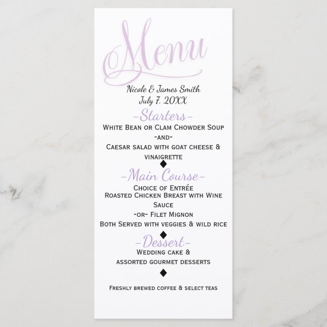 Lavender & White Simple Elegant Wedding Menu Card (Front)