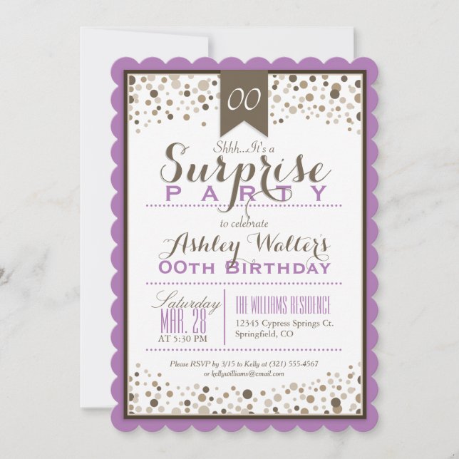 Lavender, White, Taupe Surprise Party Invitation (Front)