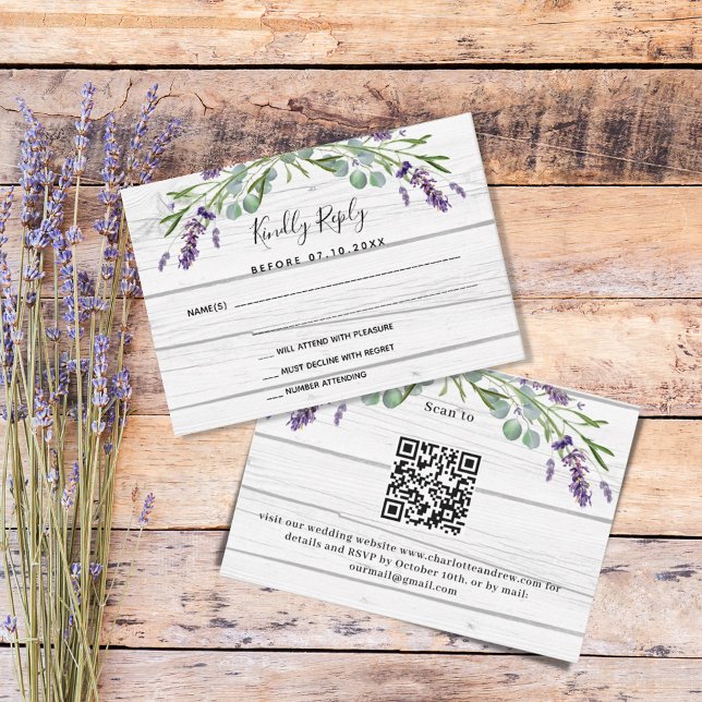 Lavender white wood QR code wedding response RSVP Card (Creator Uploaded)