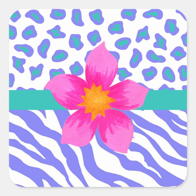 Lavender & White Zebra & Cheetah Pink Flower Square Sticker (Front)