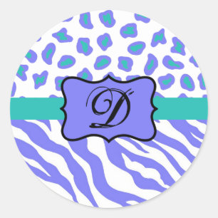 Lavender White Zebra Leopard Skin Monogram Initial Classic Round Sticker