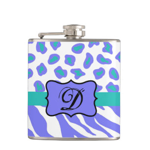 Lavender White Zebra Leopard Skin Monogram Initial Hip Flask