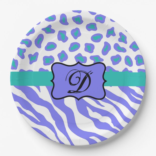 Lavender White Zebra Leopard Skin Monogram Initial Paper Plate (Front)