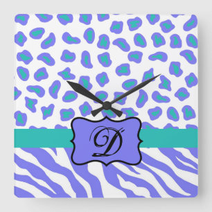 Lavender White Zebra Leopard Skin Monogram Initial Square Wall Clock