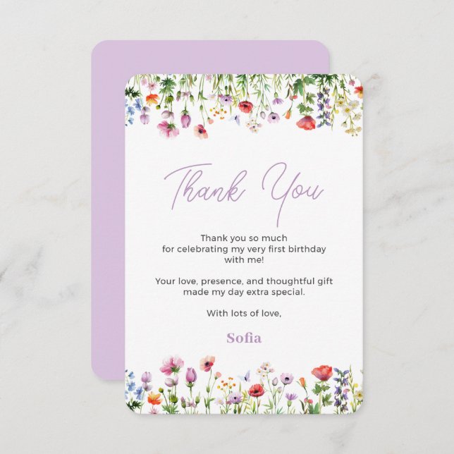 Lavender Wildflower 1st Birthday Thank You Card (Front/Back)