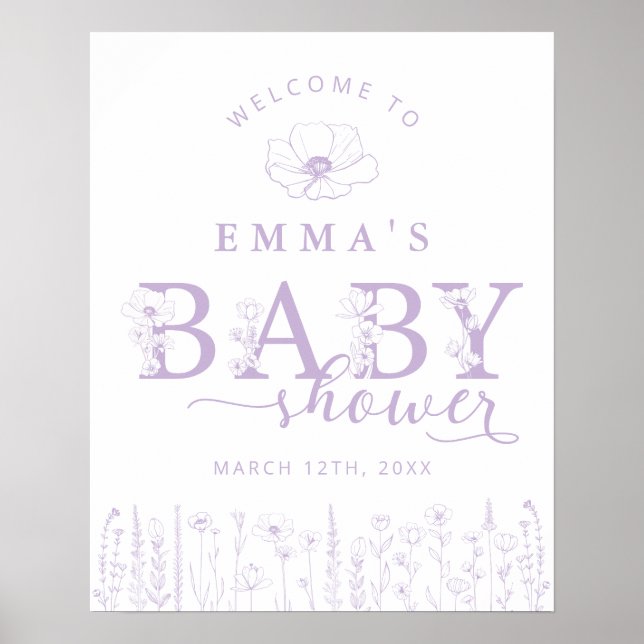 Lavender Wildflower Baby Shower Welcome Sign (Front)