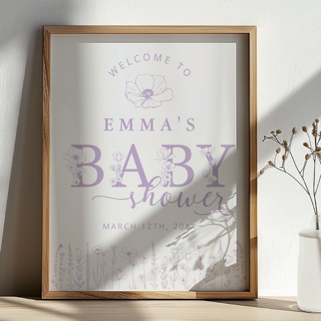 Lavender Wildflower Baby Shower Welcome Sign (Lavender Baby Shower Welcome Sign)