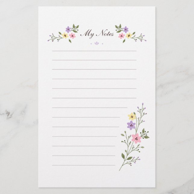 Lavender Wildflower Lined Stationery Note Paper (Front)