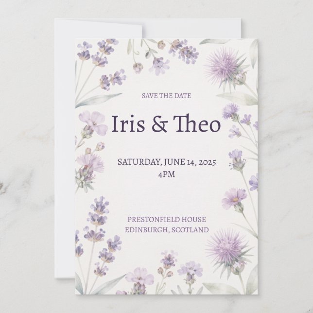Lavender Wildflower Scottish Thistle Save the Date (Front)