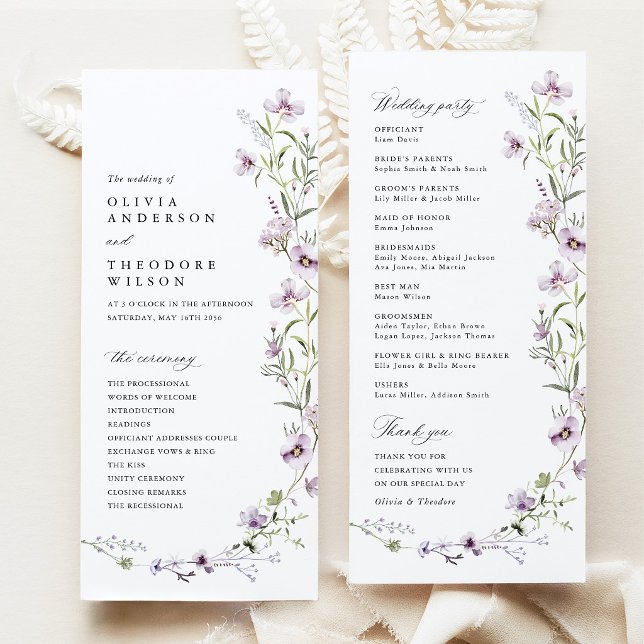 Lavender Wildflower Wedding Ceremony Program (Lavender Wildflower Wedding Program, Lilac Ceremony Program, Purple Floral Order of Wedding Party)