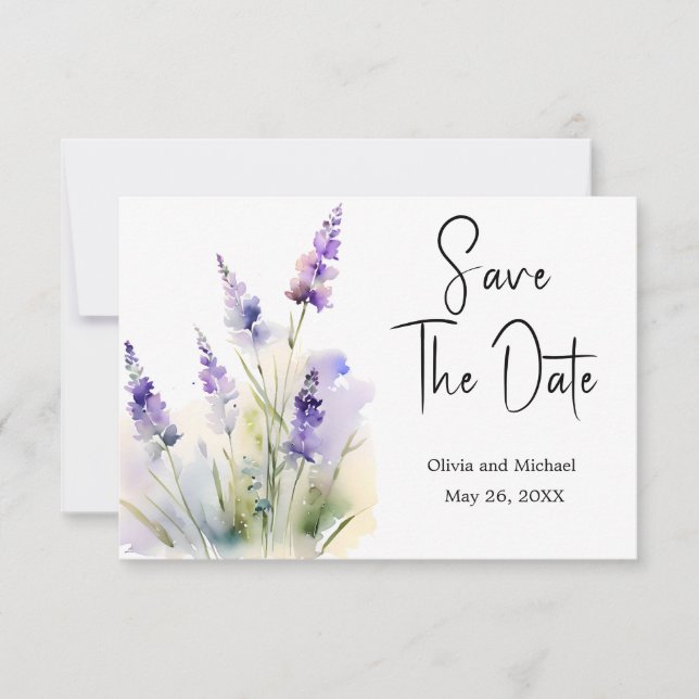 Lavender wildflower Wedding Save the Date card (Front)