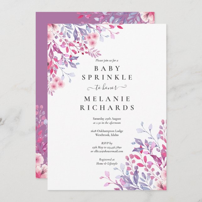 Lavender Wildflowers Floral Baby Sprinkle / Shower Invitation (Front/Back)