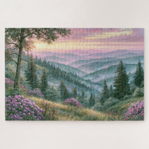 Lavender Wildflowers Mountain Sunset Painting Jigsaw Puzzle