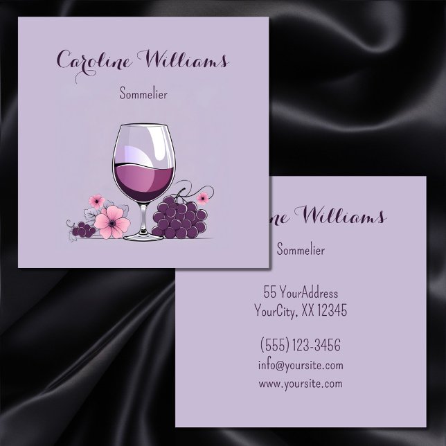 Lavender wine glass grapes flower sommelier square business card (Creator Uploaded)