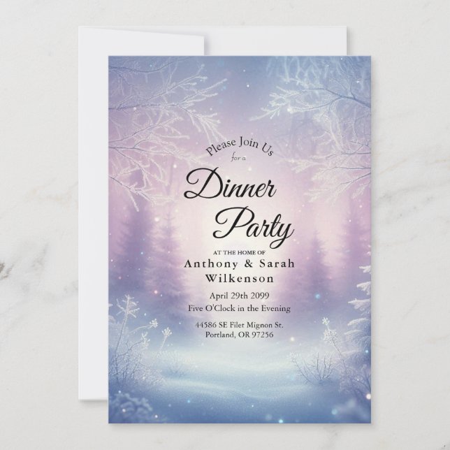 Lavender Winter Snowfall Home Dinner Party  Invitation (Front)