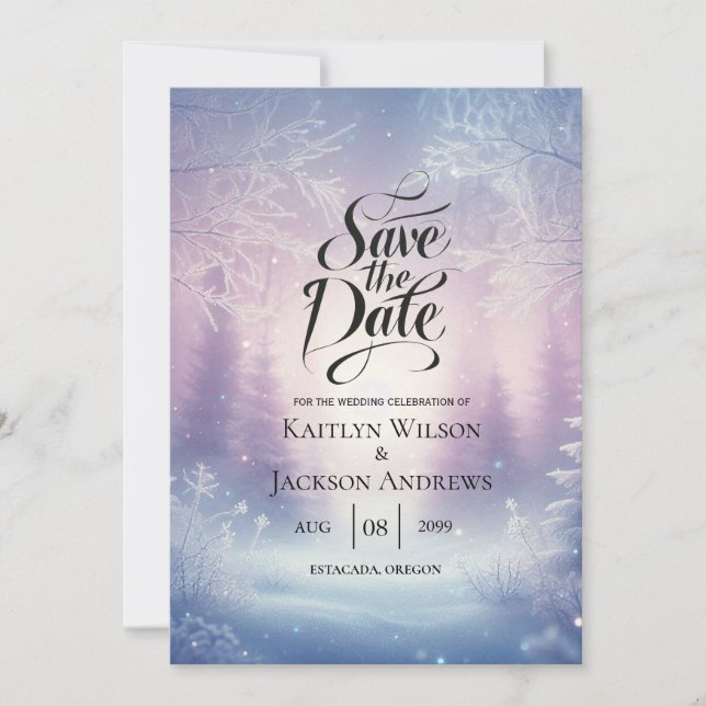 Lavender Winter Snowfall Serenade Wedding Save The Date (Front)