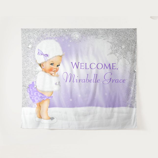 Lavender Winter Wonderland Baby Shower Backdrop Tapestry (Front (Horizontal))