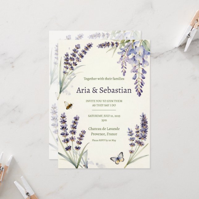 Lavender Wisteria Butterfly Provence Wedding Invit Invitation (Front/Back In Situ)