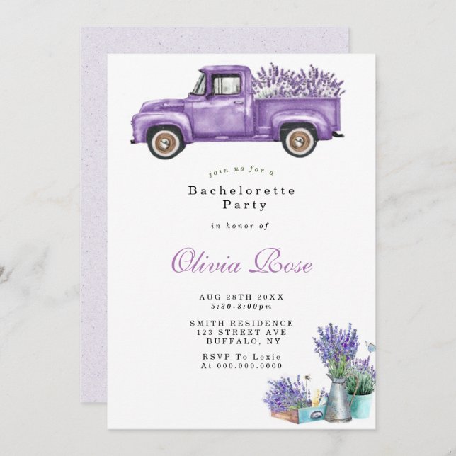  Lavender Wisteria Truck Bachlorette Party Invites (Front/Back)