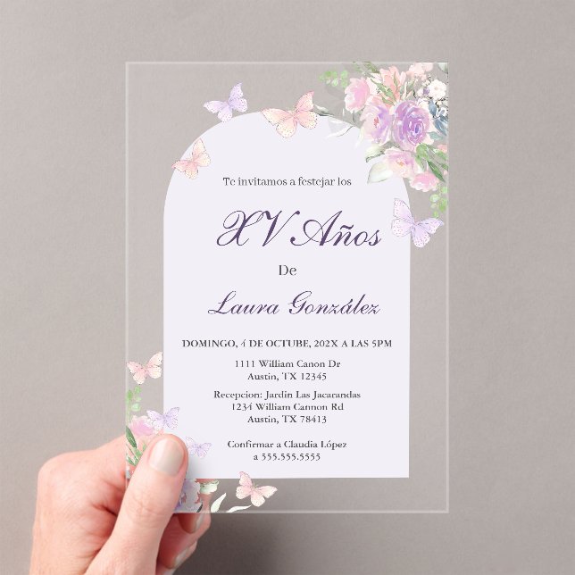 Lavender with butterflies Quinceanera spanish Acry Acrylic Invitations (Insitu (Handheld))