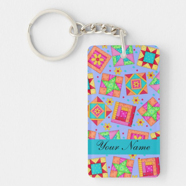 Lavender with Colourful Quilt Blocks & Personalise Key Ring (Front)
