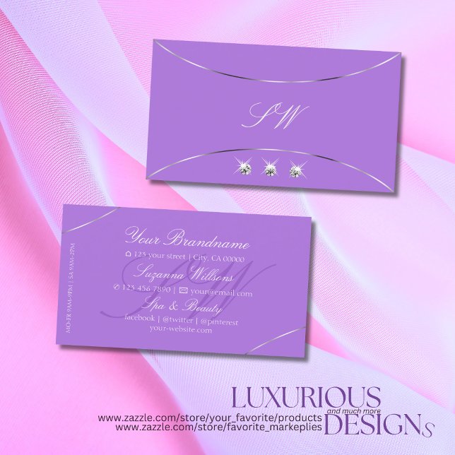 Lavender with Silver Decor Diamonds and Monogram Business Card (Creator Uploaded)