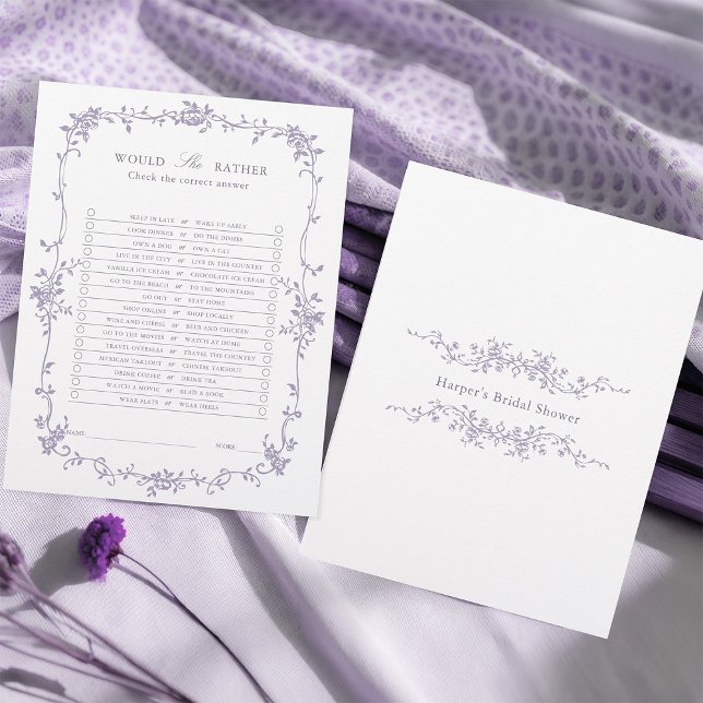 Lavender 'Would She Rather' Bridal Shower Game (Front & Back)