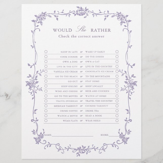 Lavender 'Would She Rather' Bridal Shower Game (Front)