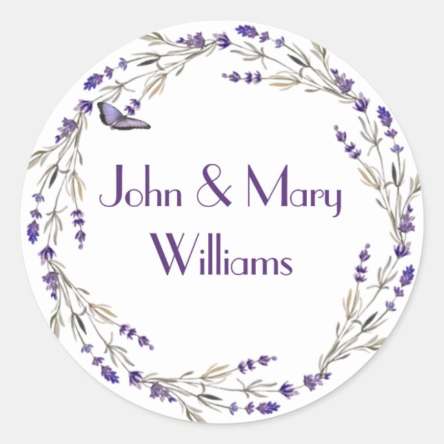 Lavender Wreath with Butterfly Classic Round Sticker (Front)