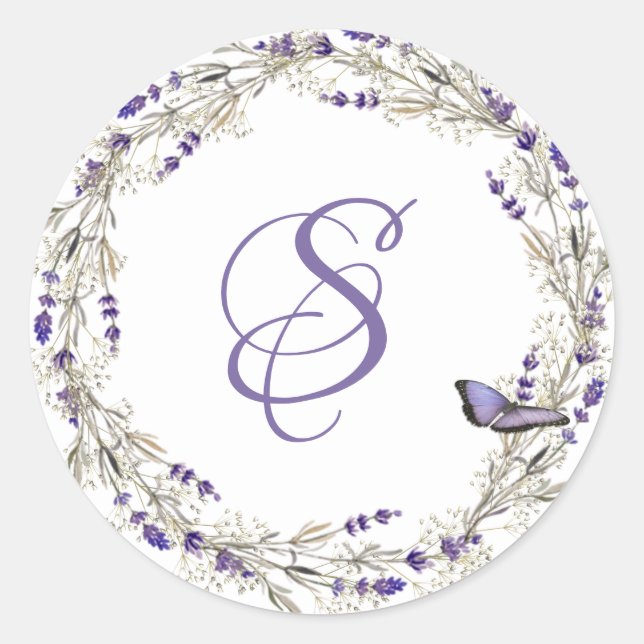 Lavender Wreath With Monogram Classic Round Sticker (Front)