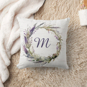 lavender Wreath with Monogram  Cushion