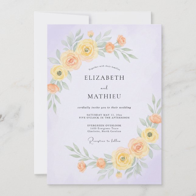 Lavender Yellow Ranunculus Eucalyptus Wedding Invitation (Front)