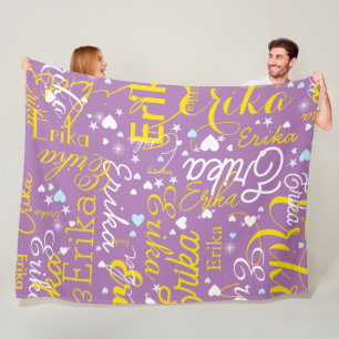 Lavender / Yellow Romantic Hearts Girly Fleece Blanket