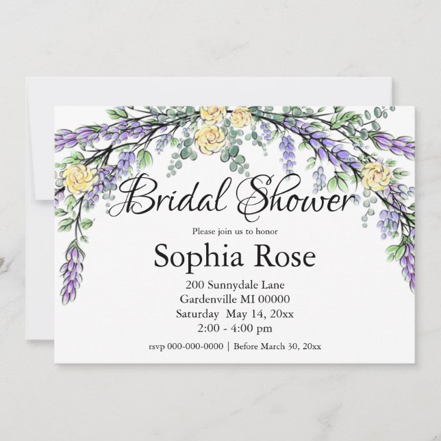 Lavender Yellow Rose and Eucalyptus Invitation (Front)